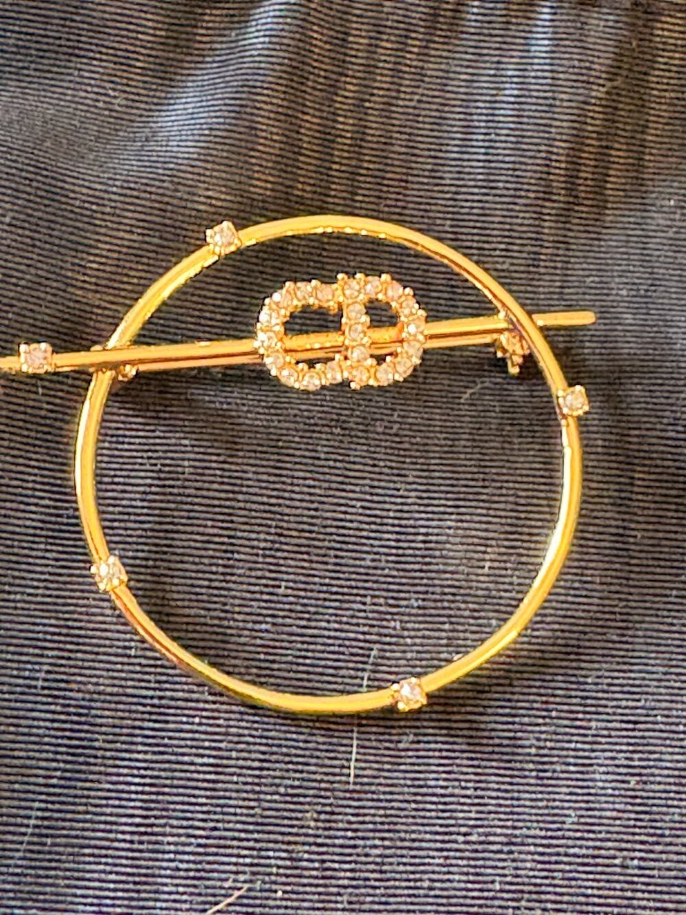 Christian Dior CD Rhinestone Circle Brooch Gold Tone Pin